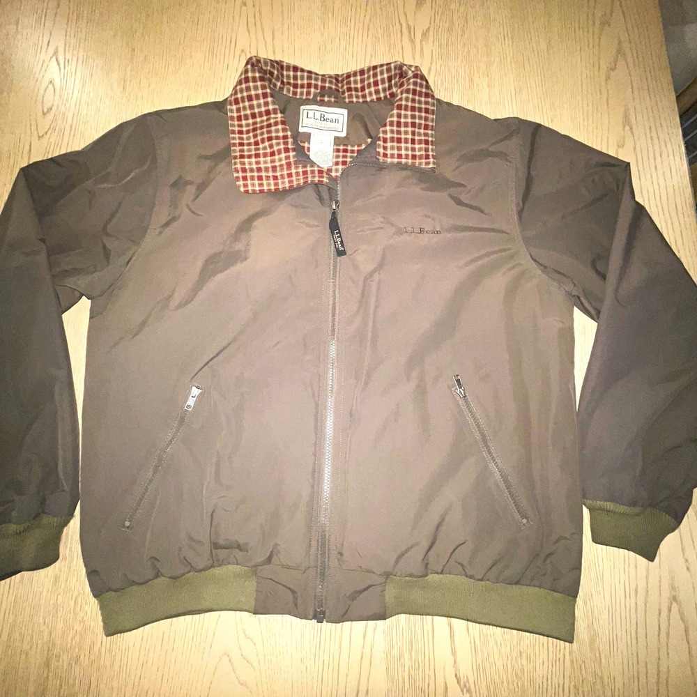 LL Bean Men L Warm-Up Bomber Jacket Nylon Plaid Flannel Lined Green 284429